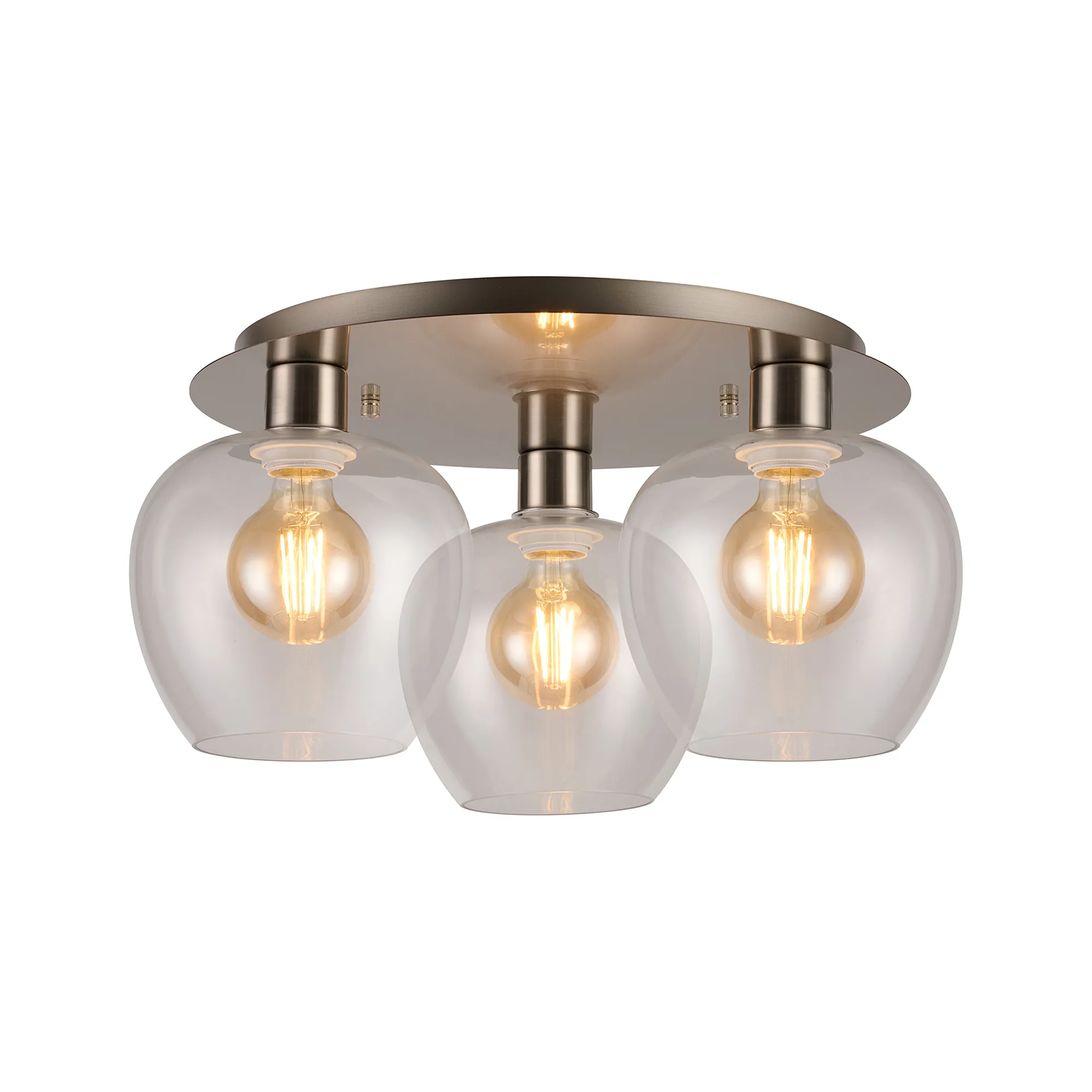 DK1432  Lori 40cm Round Ceiling Flush, 3 Light Flush Fitting, Satin Nickel/Clear Wine Shades